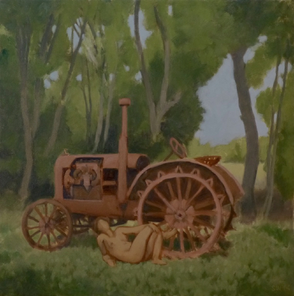 model with granddad's tractor.  18x20". 2014