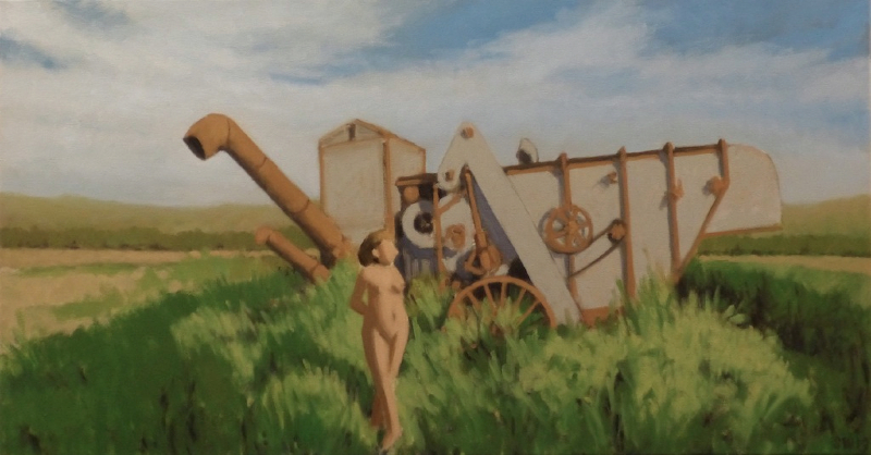 Carla with derelict harvester.  18x34". 2013